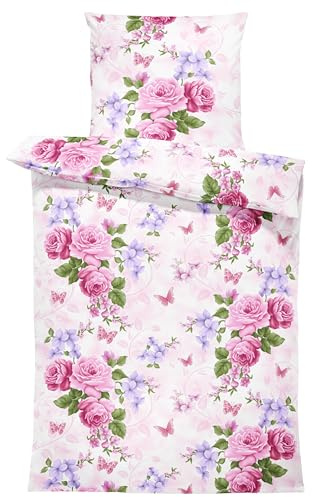 one-home Bettwäsche Mikrofaser Weich Knitterfrei Bettbezug modern I mit Reißverschluss I Sommer und Winter geeignet, Farbe:Blumen rosa weiß, Größe:2 teilig 135x200 cm