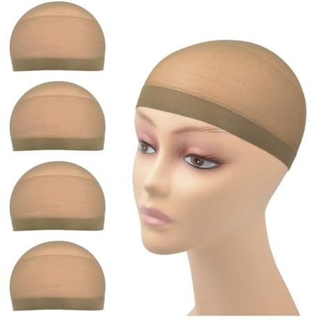 4 Stück Perückenstrumpfkappen aus dehnbarem Nylon für Frauen und Männer (Nylon Wig Cap, Hellbraun)
