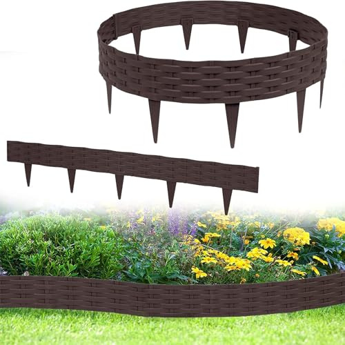 YRHome 10m Rasenkante Beeteinfassung Beetumrandung Gartenpalisade mit 10 Elemente á 100 cm Kunststoff Rattan Design Beetzaun Weidezaun Palisaden Biegbarer UV-beständig Wetterfest Erdspieß Braun