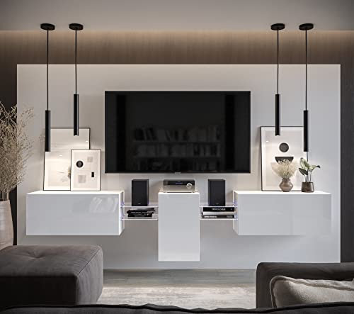 Furnitech Wohnwand Wohnzimmer | Wohnzimmer Möbel mit LED RGB - 16 Farben | Hängend Wohnwand Modern | Wohnzimmer Schrankwand mit Regale und TV Schrank (AN98-21W-HG2-1C)