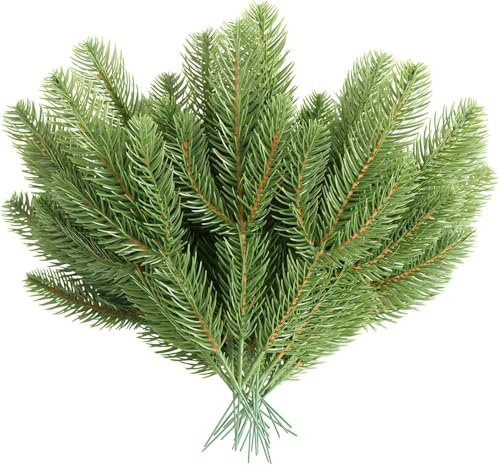Laelfe Künstliche Tannenzweige, 30 Stück (Gelblich Kern) | Unechte Tannenzweige Plastik Kiefer Zweige für Weihnachtsdekoration Kranz Girlande Adventskranz Weihnachtsbaum Tischdeko