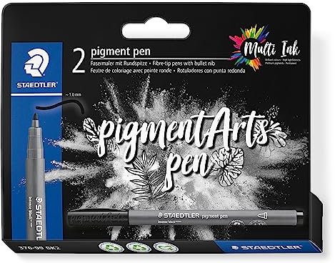 STAEDTLER Fasermaler pigment Arts, intensiv schwarz, pigmentierte Premium-Zeichentusche, wasserfest, schmierfrei übermalbar, 1,00 mm Rundspitze, 2 pigment pens auf Blisterkarte, 376-99 BK2