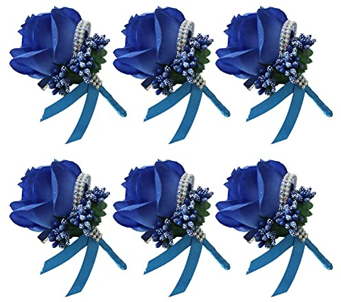 6 Stück Hochzeit Braut Blumen Anstecker,Handgefertigte Rose Bräutigam Boutonniere Hochzeitsbrosche Blumenstrauß Korsage künstliche Blumen für Party Prom Männer Anzug Dekoration,Dunkelblau