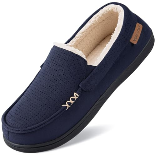 VeraCosy Men's Suede Moccasin Slippers Memory Foam Sherpa Lined Anti-Skid | Soft Fabric, Easy Care, All-Season Essential, Slip-on, Breathable, Indoor/Outdoor Sole, Non-Slip, Gift-Ready
