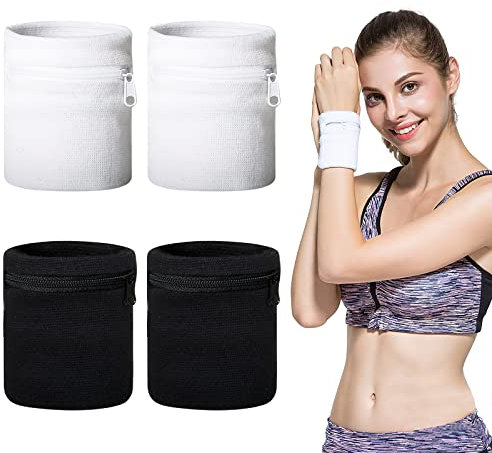 TNSLAND Reißverschluss Handgelenk Beutel, 4STK Handgelenktasche für Damen Herren, Schweissband Handgelenk Schweißbänder, Sport Handgelenk Tasche Handgelenkbeutel mit Reißverschluss für Schlüssel
