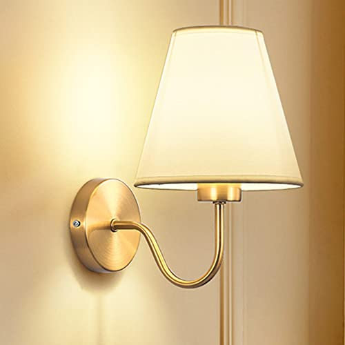 Lámpara de pared E27 lámpara de noche clásica lámpara de pared metal negro interior con pantalla tela blanca Aplique de pared dorada para dormitorio sala estar pasillo Escaleras cafeterías (Blanco)