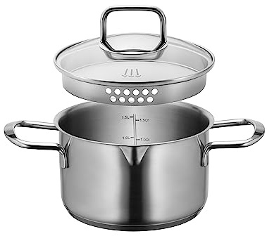 MÄSER Sanvito, Kochtopf 16 cm mit Glasdeckel und praktischem Ausgießer, kleiner Edelstahl Topf mit Siebdeckel und Literskala, geeignet für Induktion, Edelstahl 18/10