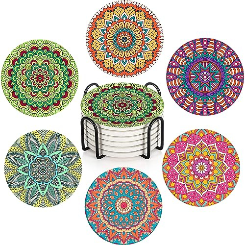 Bribay Untersetzer für Getränke, marokkanisches Bohemian-Mandala, bunt, rosa, grün, saugfähig, rund, Keramik-Steinmatte, mit Korkboden und Metallhalter, Geschenk für Einweihungszimmer, Bar,