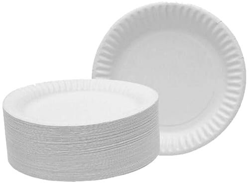 PRISTINE ENTERPRISE White Paper Disposable Plates Pack of 100 Large 23 cm 9 Inch, 100% Natural and Recyclable Ideal for Birthday, Anniversary, BBQs, Picnics, Parties Suitable for Hot & Cold Food