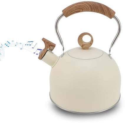 2,5 Liter Pfeifender Teekessel aus Edelstahl mit Griff, Großes Fassungsvermögen, Geeignet für Elektroherd, Gasherd (Beige)