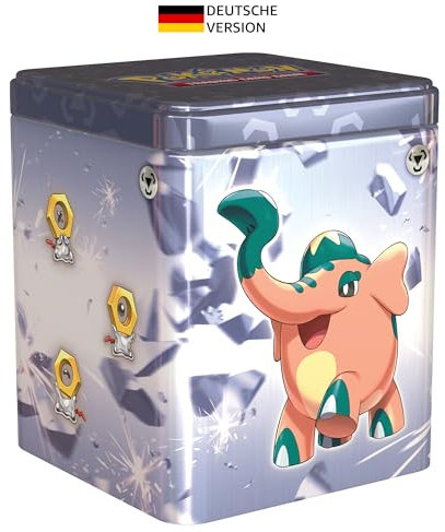Pokémon-Sammelkartenspiel: Stapel-Tin-Box Metall (3 Boosterpacks & 2 Stickerbögen)