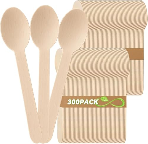 Abaigeal Lot de 300 cuillères jetables en bois biodégradables de 16 cm pour fruits, desserts, gâteaux et restauration