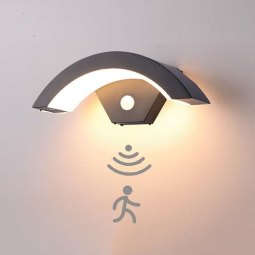 LOGT LED Schwarz Wand Sensorlampe Aussen 18W Wasserdicht IP65 Wandlampe mit Bewegungsmelder Wandleuchte aus Aluminium LED Panel Gebogenes Wandbeleuchtung Terrasse Flur Treppenhaus Garage,18W