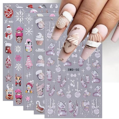 JMEOWIO Nagelsticker Weihnachten 6 Blatt Nail Art Sticker Selbstklebend Nagelaufkleber Schneeflocke Winter Urlaub Süß Dekoration Nageldesign Zubehör
