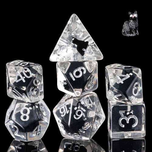 Cusdie Set med 7 tärningar, D&D-tärningar, set med polyedriska tärningar fyllda med djur, för rollspel, spelet Dungeons & Dragons (svart katt)