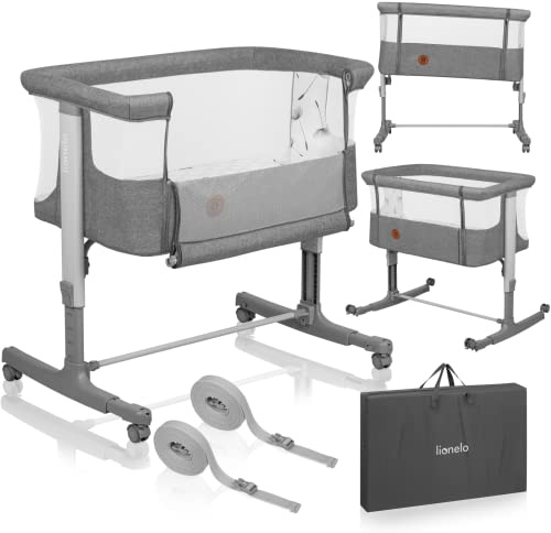 lionelo Aurora 3-i-1 Baby sängsäng säng Co-Sleeper för spädbarn från födseln till 9 kg, justerbar höjd och lutning, madrass, 4 låsbara hjul, andningsbara nätpaneler, bärbar, tvättbar, bärväska, remmar