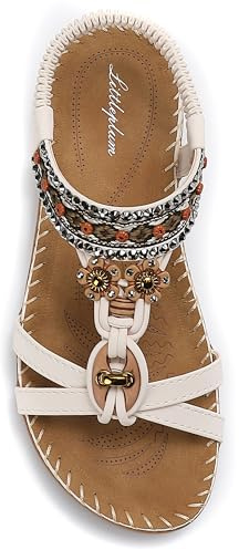 Littleplum Sandalen Damen Bohemia Sommer Bequeme Flache Sandalette Strass Perlen Freizeit Elegant Strand Schuhe