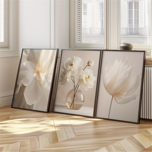 AQCQDQ 3er Beige Poster Set, Boho Weiße Blumenbilder, Modern Premium Beige Wandbilder, Natur Leinwandbilder für Wohnzimmer Schlafzimmer – Ohne Rahmen (50x70 cm,E)