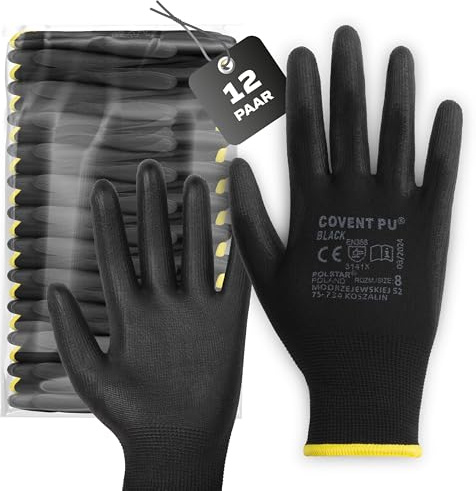 Covent PU Arbeitshandschuhe Herren Gr 8 (12-er Set) – Montagehandschuhe Kategorie II – EN388 3141X – Bauhandschuhe für Monteure, Lageristen und Mechaniker