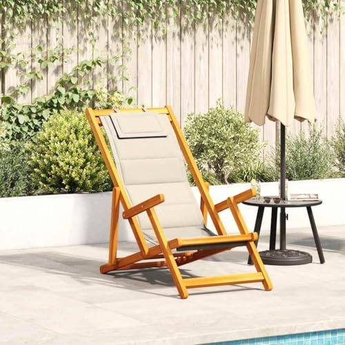 Myheimly Strandstuhl mit Armlehnen Klappbar Klappstühle Klappstuhl Gartenmöbel Balkon Sühle Gartenstuhl Creme Akazienholz Textilene