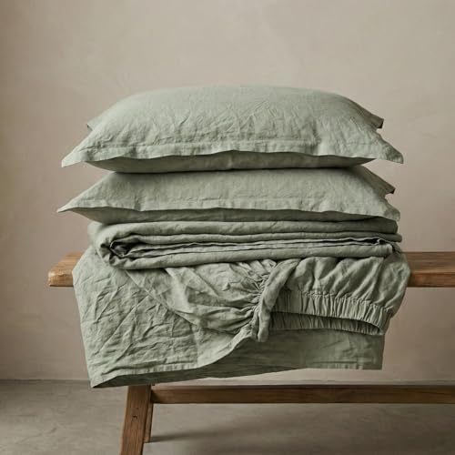 The Tangerine Store Pure Linen Luxe Set di Lenzuola - Lenzuola in 100% Lino Naturale, Traspiranti, Ipoallergeniche, Prelavate per la Morbidezza - Verde Salvia, Singolo