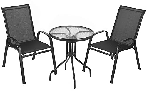 Clevich 3-Piece Patio Bistro Set, Outdoor Garden Furniture Set with 2 Stackable High-Backed Textilene Chairs & Round Safety Glass Table, All-Weather for Balcony, Terrace, Pool