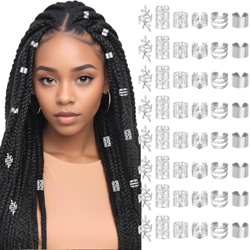 48Pcs Silver Hair Jewelry for Braids 6 Styles Hair Cuffs Adjustable Braid Jewelry Clips Loc Dreadlock Accessories for Women and Girls