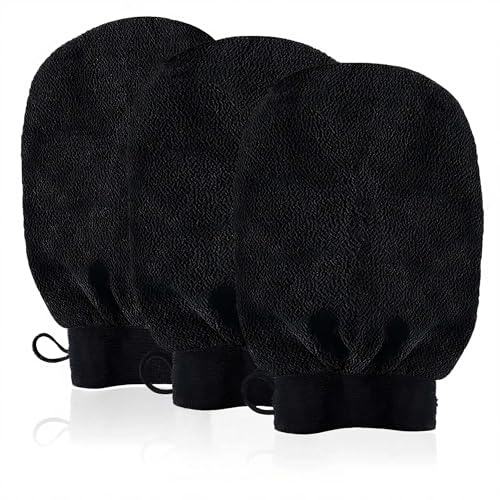 URAQT Gant Exfoliant Kessa, 3 Pcs Gant De Crin, Gant Kessa Pour Hammam, Gants de Gommage pour Hommes et Femmes, Gommage naturel Et Efficace, Élimine Les Peaux Mortes Efficacement,Noir