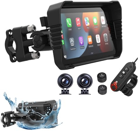 Waterproof Motorcycle GPS Navigation System with Portable Motorcycle Dash Cam Carplay & Dual Cameras, Wireless Bluetooth for Offroad/Adventure Riding, Compatible with iOS/Android