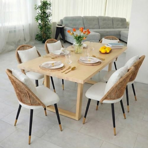 CLIPOP Esszimmerstühle 6er Set, Küchenstuhl aus Rattan, Metall Beine, Beige Leinen Fabric, Esszimmer Stühle mit gepolsterte Sitz, bis 150 kg belastbar, Rattanstuhl für Wohnzimmer Esszimmer