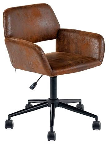 39F FURNITURE DREAM Vintage Bürostuhl mit Armlehnen, 360° drehbar, höhenverstellbar 75–85 cm, Lederoptik Braun, mit Rollen für Home Office