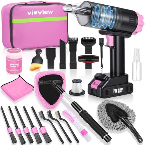vioview 25pcs Car Cleaning Kit, Pink Interior Detailing Kit with High Power Vacuum Portable Cordless, Handheld Vacuum Cleaner for Home, Car, Pet Hair, Keyboard, Complete Auto Accessories for Gift