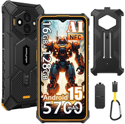 Ulefone RugKing 3 Pro Android 15 Téléphone Portable Incassable 4G, 5700mAh, 16Go+128Go/TF 2To Smartphone Incassable, 6,56HD+ 120Hz, 48MP+8MP, 120LM Super Torch, 3 Slots/IP68/NFC/OTG/Avec étui, Orange