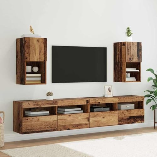 Boltkex Väggmonterade TV-skåp av gammalt trä, set om 2, trämaterial, 30,5 x 30 x 60 cm, med LED, 2 gångjärnsdörrar, 6 brädhyllor, lagringsutrymme för vardagsrum och hemmabio