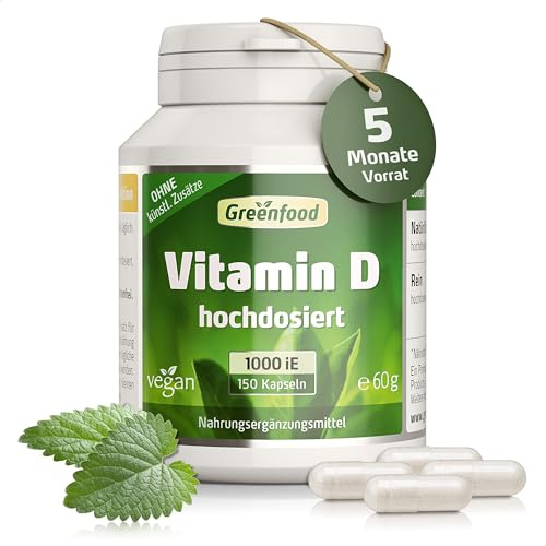 Vitamin D, 1000 IE, hochdosiert, 150 Kapseln - OHNE künstliche Zusätze | Für Immunsystem, Knochen, Zähne, Hohe Bioverfügbarkeit, Laborgeprüft, Ohne Gentechnik, Halal, Vegan