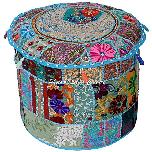 Stylo kultur indisk rund fotpall puffskydd lapptäcke broderad bomull ottoman pall puffskydd heminredning turkos traditionell sittskydd traditionella möbler (22 x 22 x 14) (endast fodral)