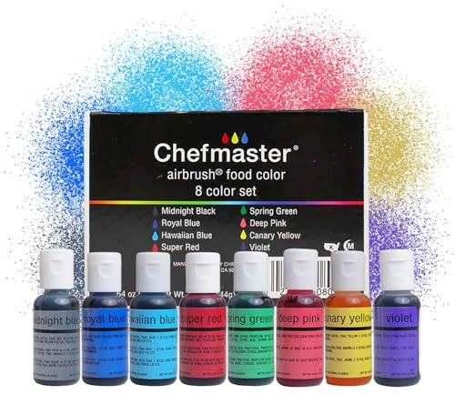 Chefmaster - Kit aerografo - Colorante alimentare aerografo - Confezione da 8 - Colori vivaci per sfumare - Funziona con qualsiasi strumento aerografo, ottiene effetti e disegni sorprendenti - Colore