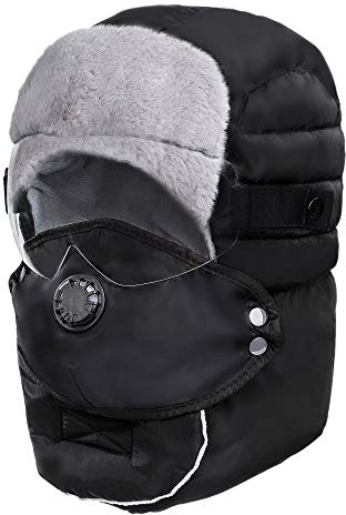 MengH-SHOP Trappermütze Bomber Hut Unisex Wintermütze mit Ohrenklappen Winddichtes Maske Brille Hält Warm Fliegermütze für Skifahren Skaten Klettern Schwarz