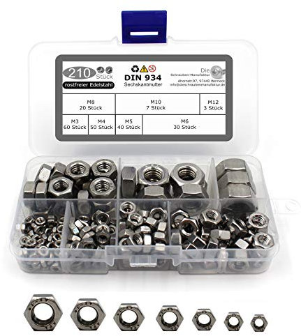 210 teiliges Set aus Sechskantmuttern nach DIN 934 / ISO 4032 Standard Edelstahl A2 V2A Schraubenmuttter Edelstahlmutter Sechskant-Mutter Größe M3-M12 (210 Teile)