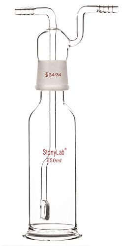 stonylab Gaswaschflasche, Borosilikatglas 34/34 Stopper Gas Bubbler Gaswaschflasche mit Frittenscheibe und 8 mm Außendurchmesser Einlass/Auslassschläuche, 250 ml