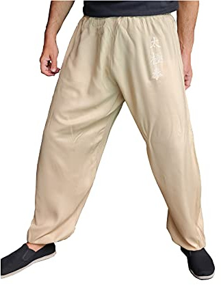 Kung Fu Pants Tai Chi and Wing Chun Bottoms Style for Women and Men Sport Trousers Light and Smooth (Beige TJ, Size S)