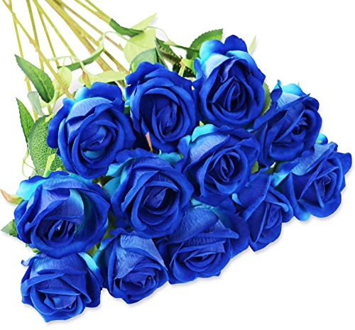 Olrla 12 Stück künstliche Rosen blau, einzelne Lange Stiele künstliche Rosen Samt Brautstrauß realistische Blume für Haus Garten Party Hotel Büro Dekoration (Königsblau)