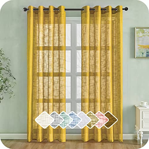MRTREES 2 Pezzi Tende per Interni Voile in Lino per Cmera da Letto con Occhielli Tende Giallo Senape Semitrasparenti per Soggirono Moderne Tenda Trasparente Leggera per Finestra 140x280 CM