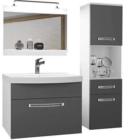 BELINI Meuble de Salle de Bain | Lavabo Inclus, Meuble sous-Vasque, Miroir et Cabinet Haut | Largeur: 100 cm | Kit d'éclairage Inclus | Couleur : Argent Mat
