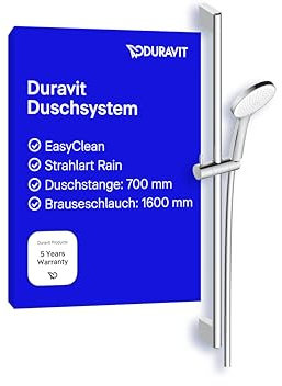 Duravit Universal Duschsystem, Duschset mit Strahlart Rain, Duschstange (700 mm) mit höhenverstellbarer Handbrause, Brauseschlauch mit Verdrehschutz, Chrom/Weiß