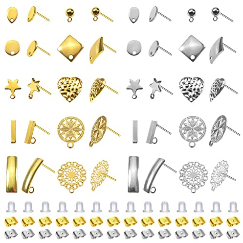 TOAOB 40 pezzi Orecchini Perno di Base Acciaio Inox Anallergici 10 Stili Tappi Connettore e 80 pezzi Chiusure Farfalline Orecchino per Creazione di Gioielli Argento Oro
