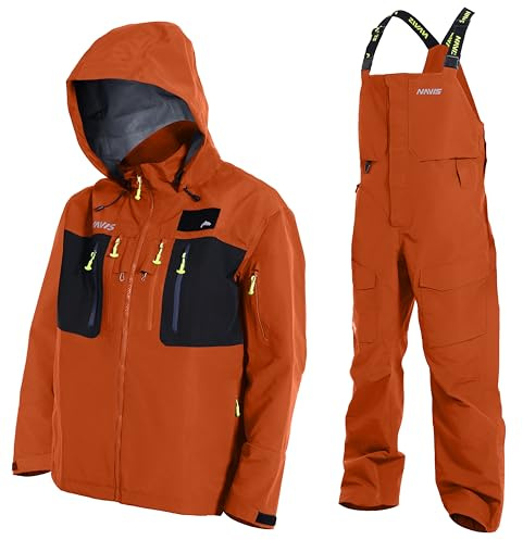 Men’s 3L-Gore Pro-Tex Waterproof Fishing Jacket & Bib Pants Set – Waders & Foul Weather Gear - Orange, XS