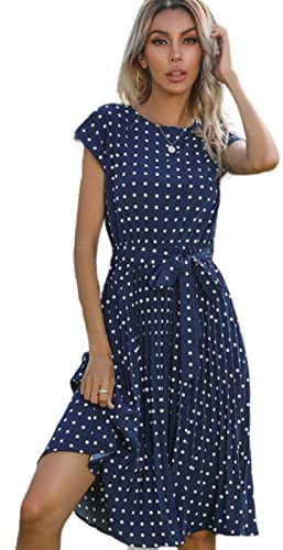 TOBILE Klänning chiffong kvinnor strand solklänning kortärmad prickigt tryck Vestido A-linje blommig elegant hög midja veck casual midi-klänningar