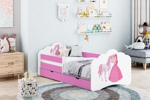 Happy Babies MOBI Kinderbett 160 x 80 Kinderzimmer Bett mit Matratze 80x160 Jugendbett mit Rausfallschutz & Bettkasten Bett für Mädchen (M03)