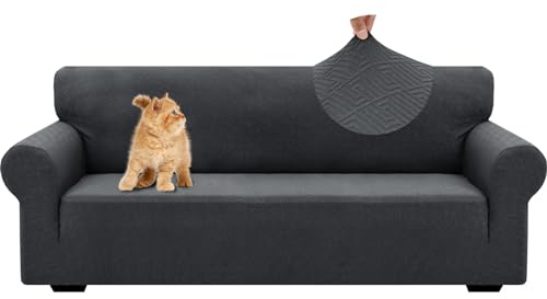 YSTELLAA Stretch Sofa Überzug 3 Sitzer, Sofaschoner rutschfest Mit Armlehne, Universal Jacquard Sofabezug, Dicke Sofabezug Für Hunde Katzen Und Haustiere, Waschbare Sofa Cover, Dunkelgrau